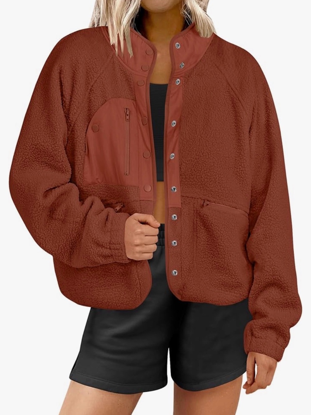 ANRABESS Teddy Sherpa Fleece Jacket Rust Orange Snap Front Women’s M